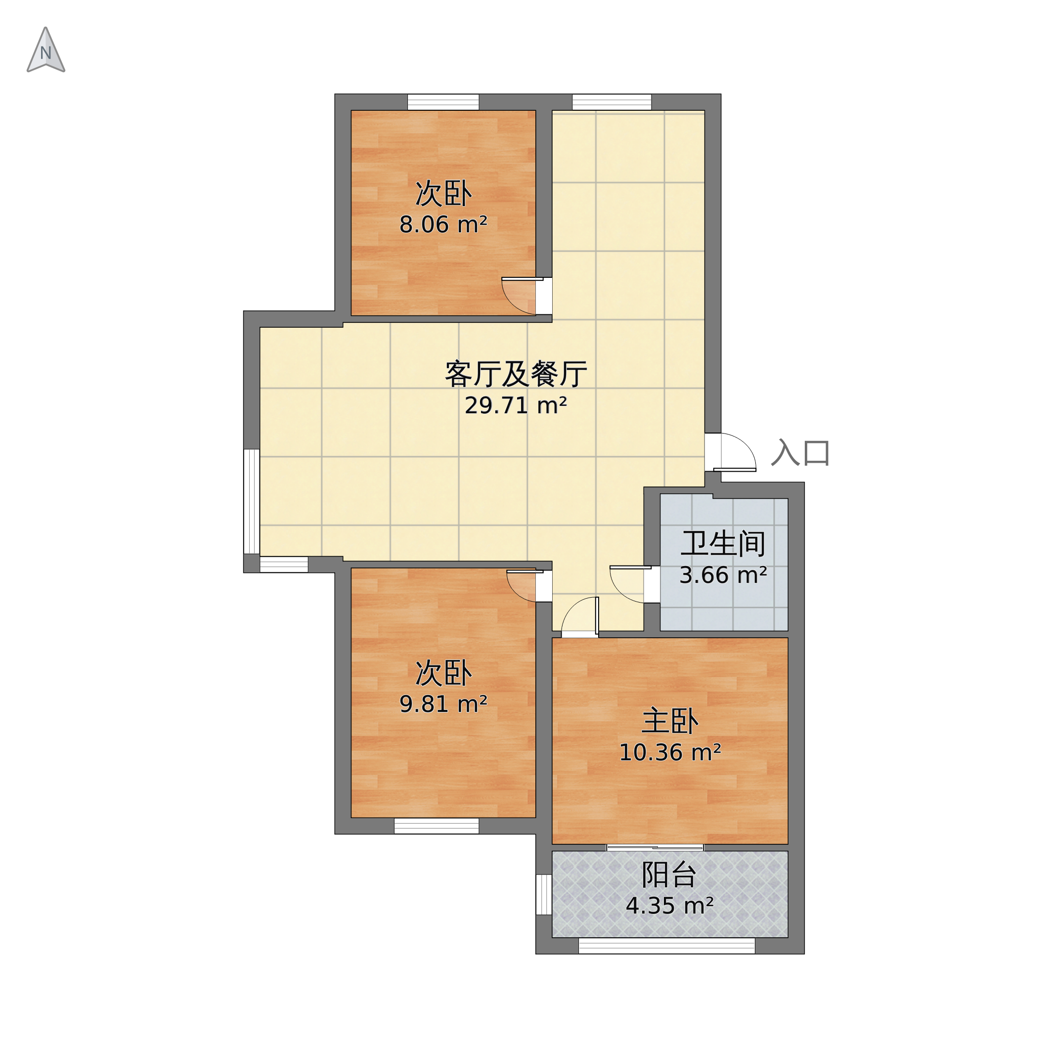 山东省临沂市宝德花园3室1厅1卫1厨66.90㎡-v2户型图