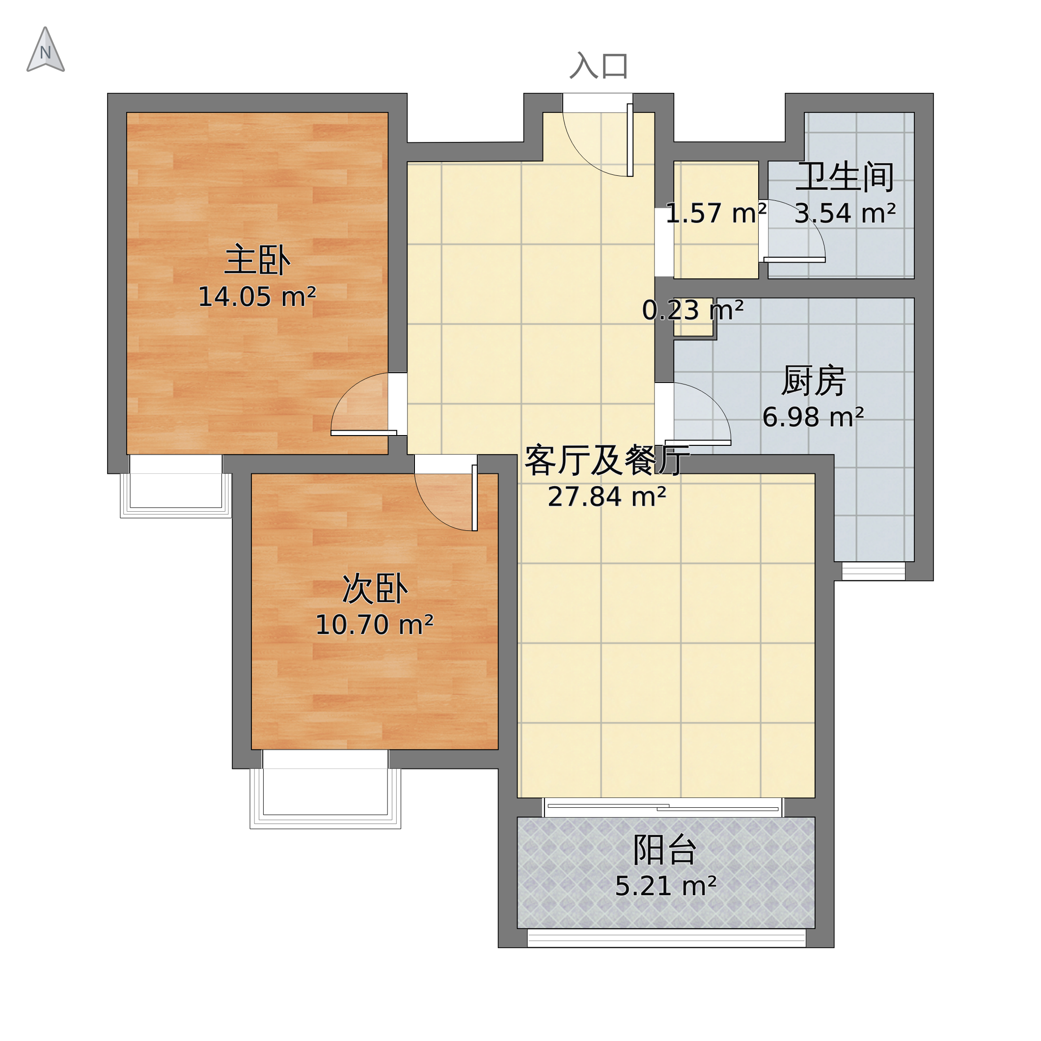 忻州市市区泛华城市广场二室二厅一厨一卫77平米户型