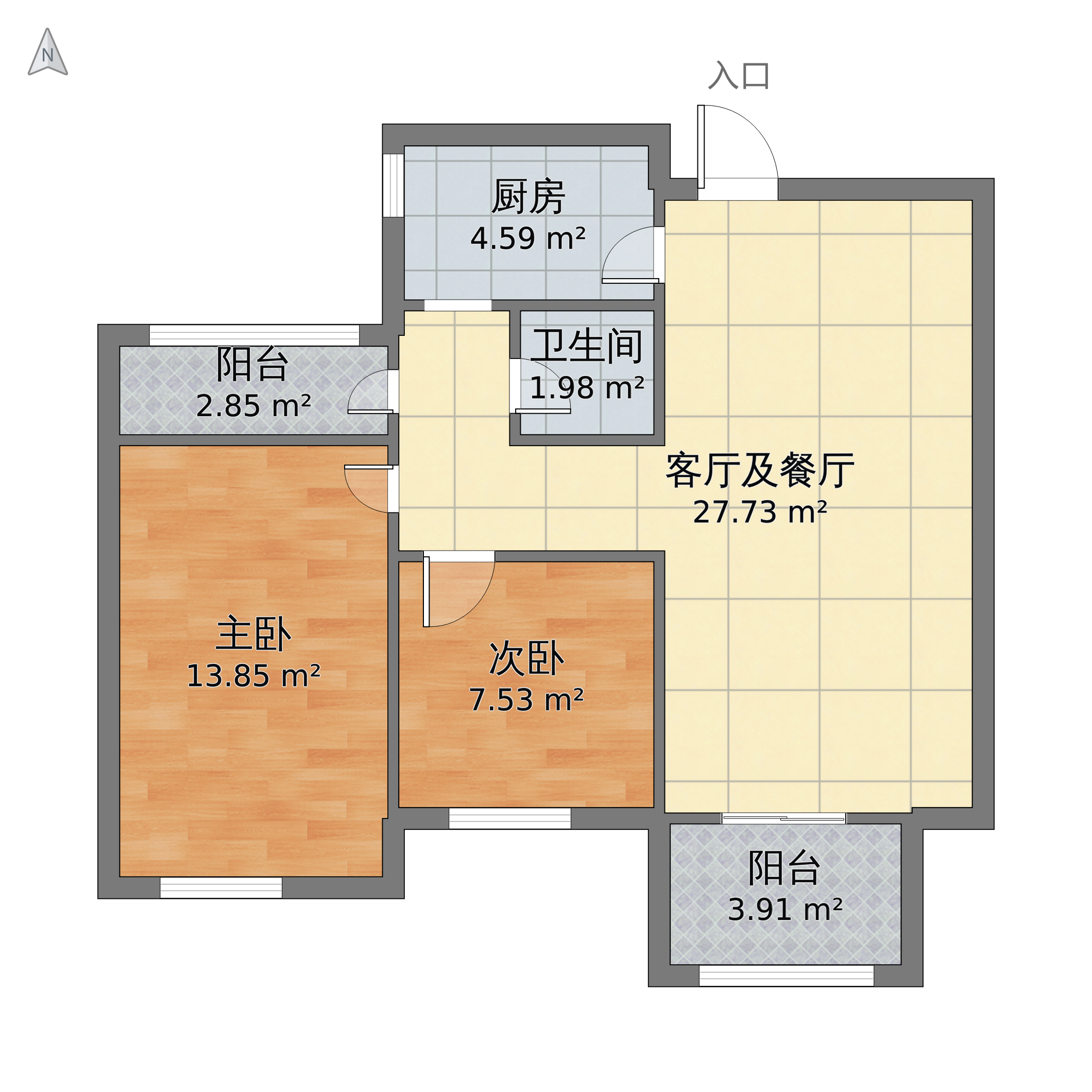 河南省开封市龙亭区 郑开橄榄城2室2厅1卫 77m05-v2户型图 - 小区