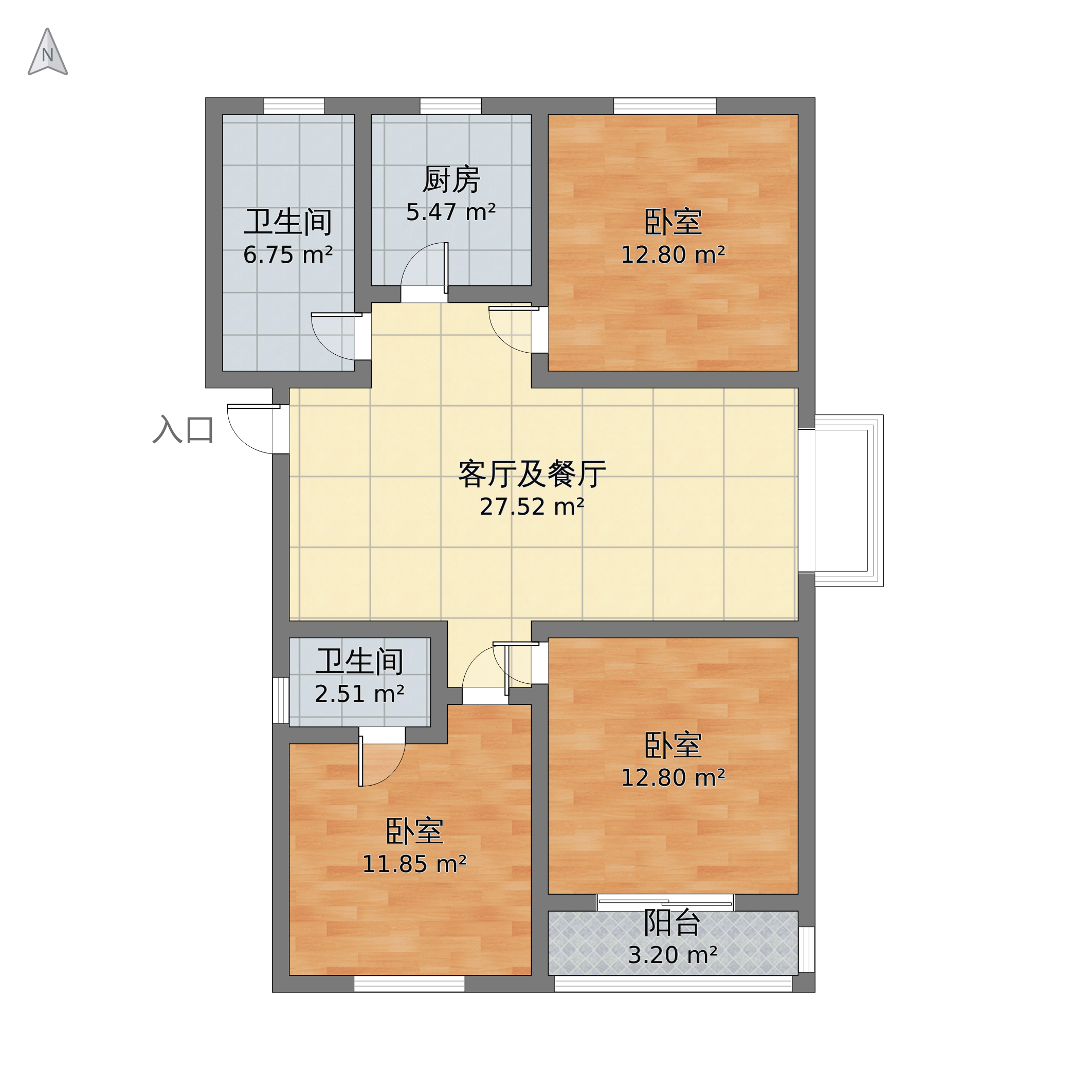 河北省石家庄市裕华区 第一街区傲湖3室1厅2卫 120m05-v2户型图