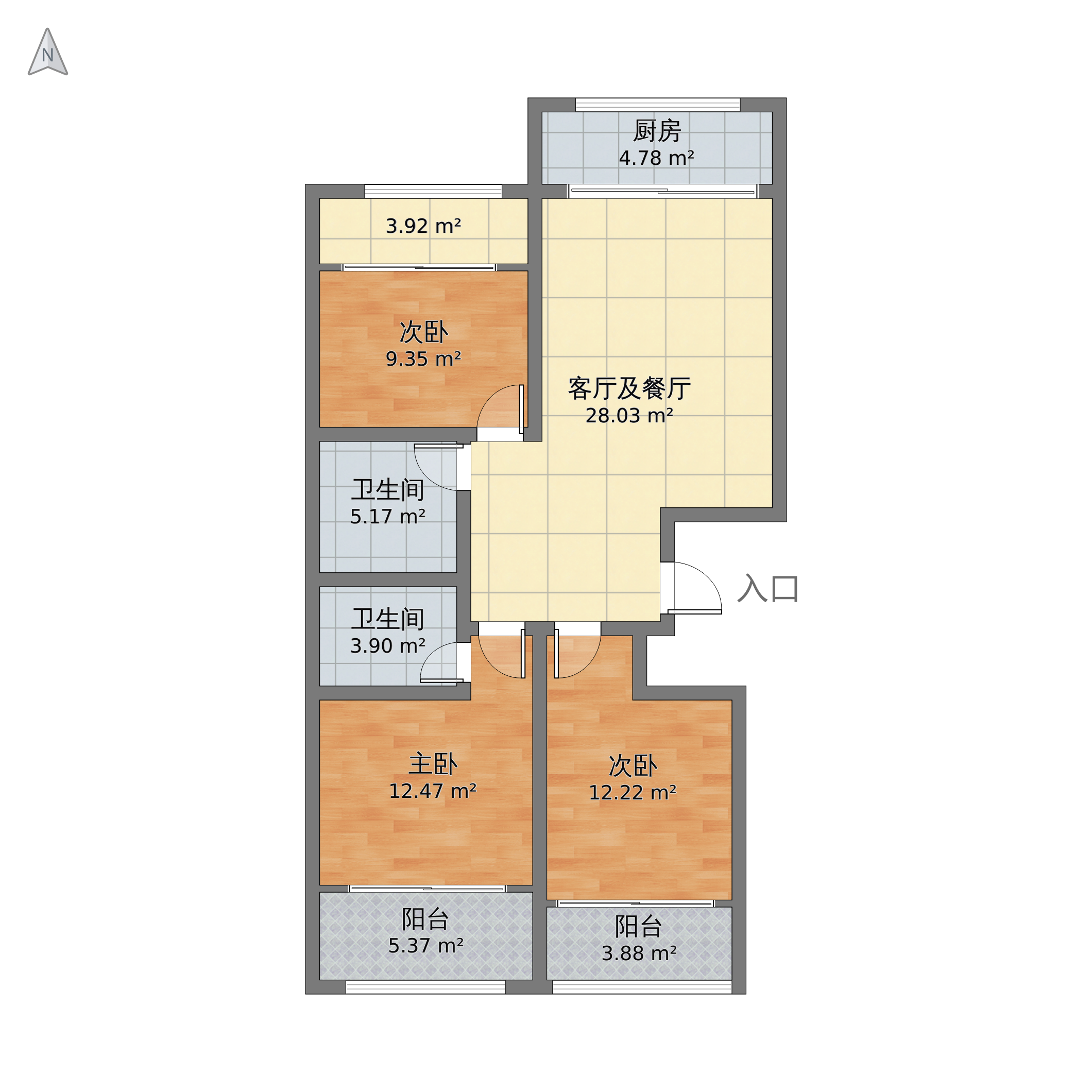 山西省长治市御泽嘉园a区f1户型3室1厅2卫1厨129.