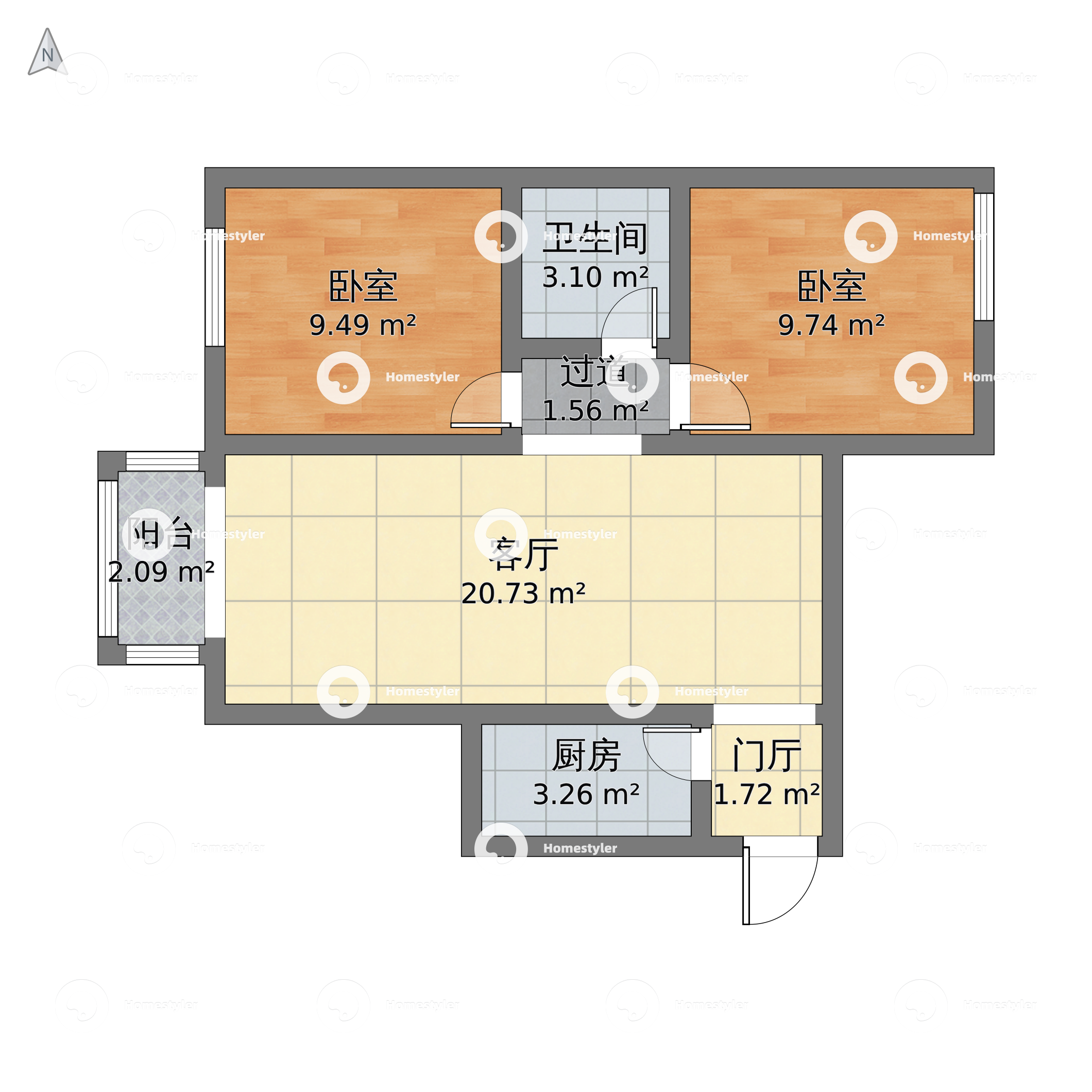 北京市东城区 新景家园2室1厅1卫 75m² - 中式风格两室一厅装修效果图 - 乐乐设计效果图 - 躺平设计家